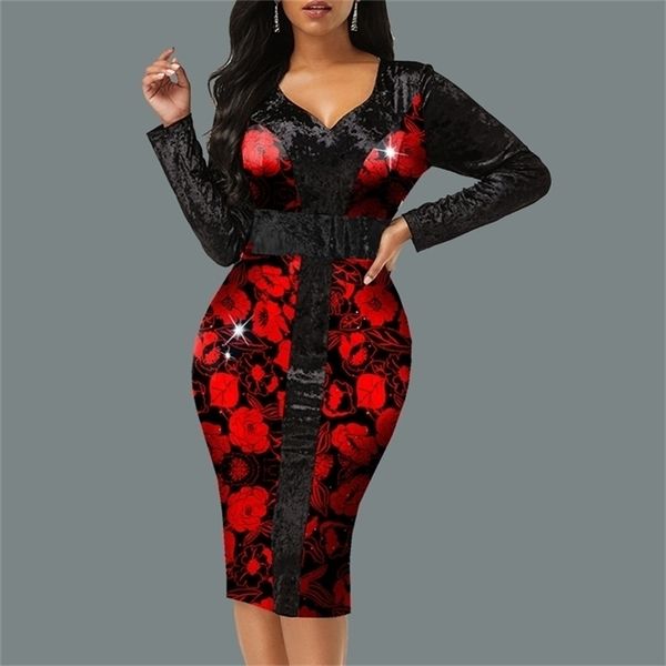 

party dresses for women fashion elegant printed bodycon dress autumn vintage v neck long sleeve slim work dresses 220316, Black;gray