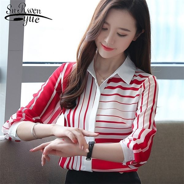 

femal slim shirts striped shirt women autumn new korean women full sleeve shirts turndown collar chiffon blouses 6108 50 t200322, White