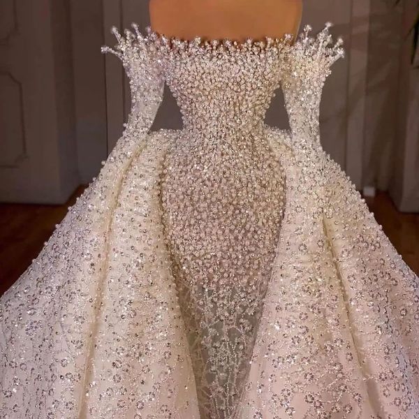 

luxurious handmade pearls beading dubai mermaid wedding dresses detachable train crystal sequined saudi arabic bridal gowns, White