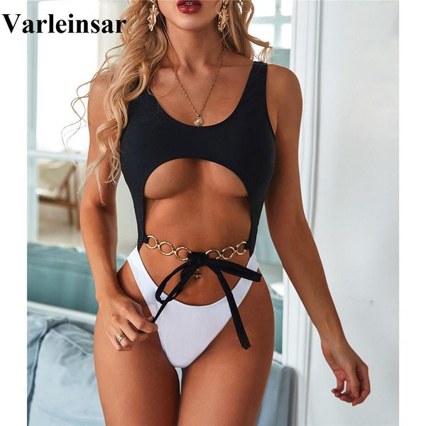 

new tummy cut out monokini women swimwear with chain one piece swimsuit female backless bather bathing suit swim lady v1977, White;black