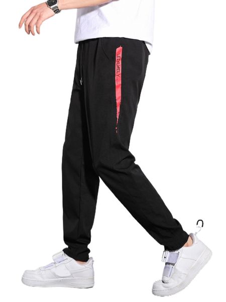 

men letter graphic contrast panel drawstring waist pants c4aw#, Black