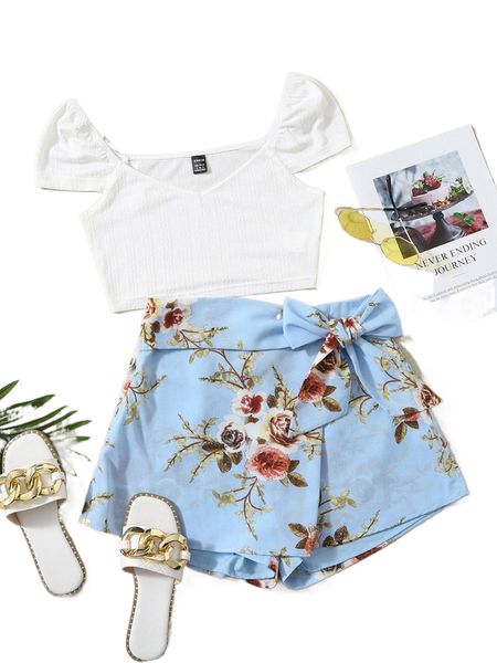 

rib-knit cap sleeve & floral print belted skort set h4k2#, White
