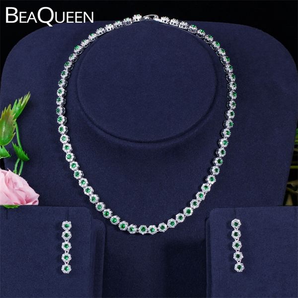 BeaQueen Elegante cristallo verde e pietra CZ Costume Orecchini Collana Set di gioielli per le donne Accessori per feste di nozze JS110 220726