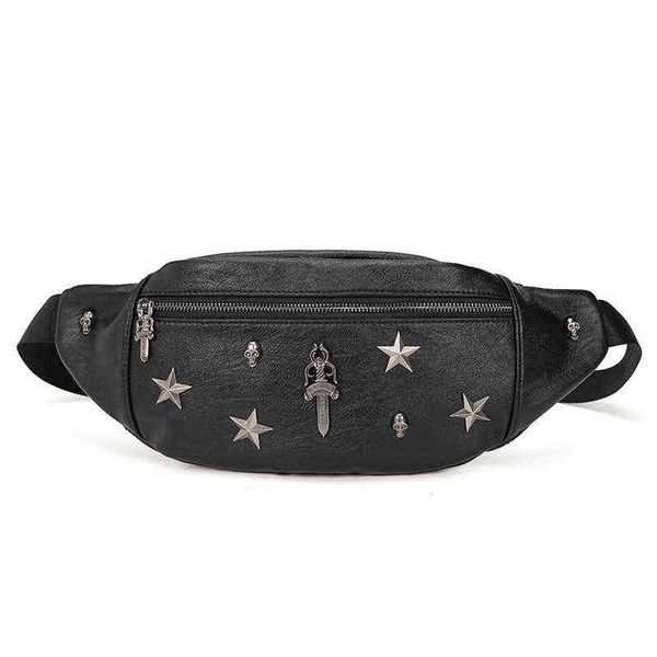 

annmouler rock waist bag faux leather fanny pack luxury punk phone pouch travel black chest rivet bum 220531