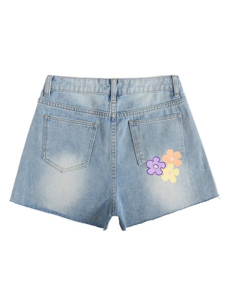 

f.loral print r.aw cut d.enim shorts 620l#, White;black