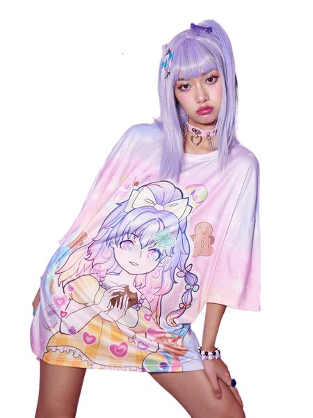 

romwe anime cartoon graphic oversized tee h938#, White