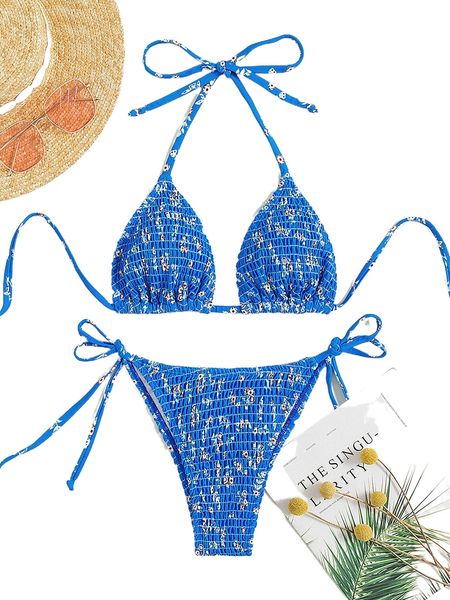 

floral smocked halter triangle bikini swimsuit z5q5#, White;black