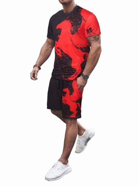 

men horse & chinese letter graphic tee & drawstring waist shorts j8hb#, Gray