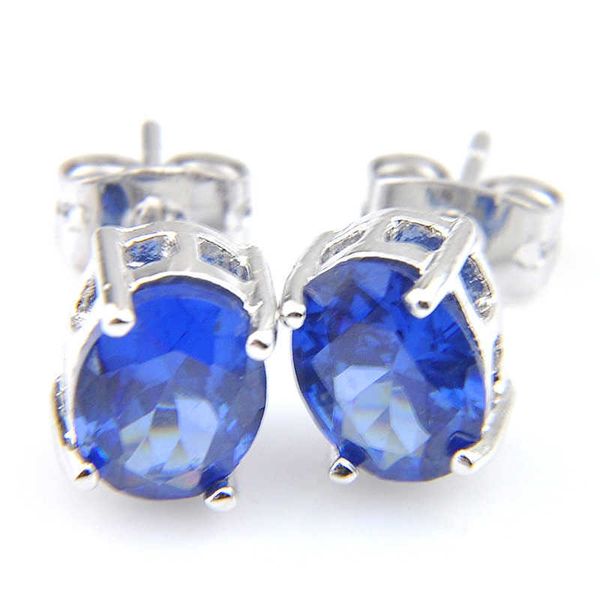 

luckyshine holiday gift 925 sterling silver plated oval london z stud earrings 8x6 mm blue zircon women jewelry ear stu, Golden;silver