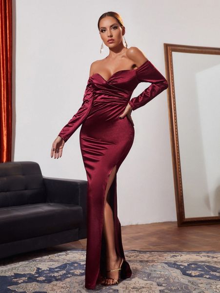 

off shoulder ruched split thigh satin formal dress v5u9#, Black;gray