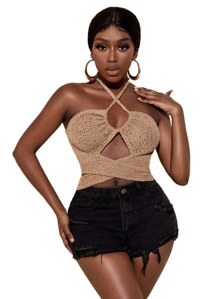 

sxy solid tie back halter k4rp#, White