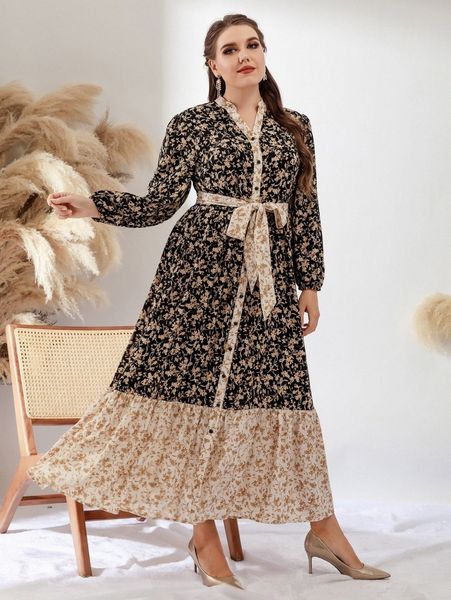 

plus allover floral print belted dress k78e#, Black