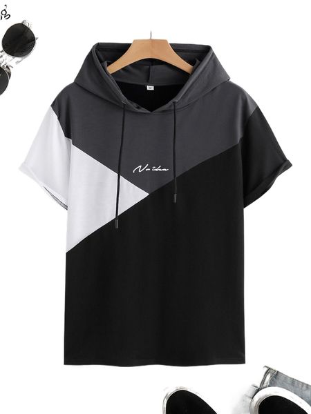 

men letter graphic colorblock drawstring hooded tee f751#, White;black