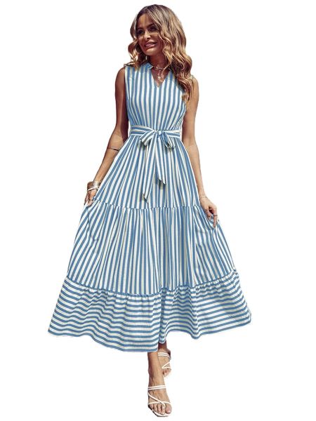 

striped notched neck ruffle hem belted dress s3l1#, Black;gray