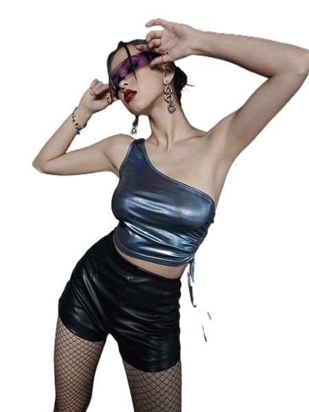 

one shoulder tie side crop metallic h3ap#, White