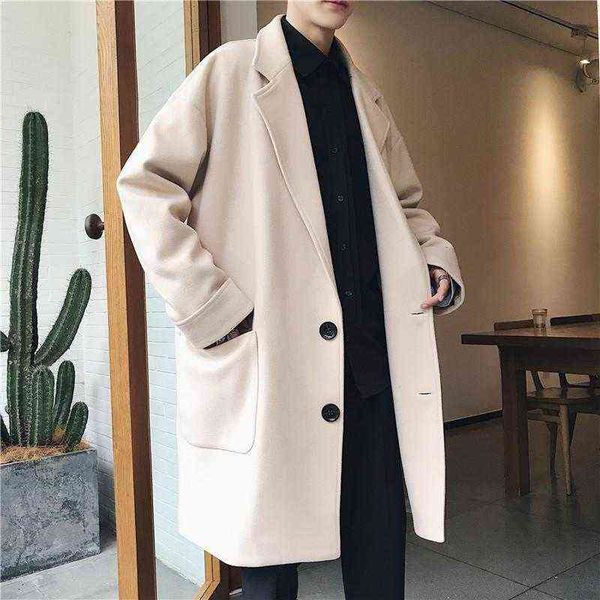 

spring men's woolen coats thicken warm loose turndown collar clothes fashion trend mid-length windbreaker jackets wool & blends t220810, Black