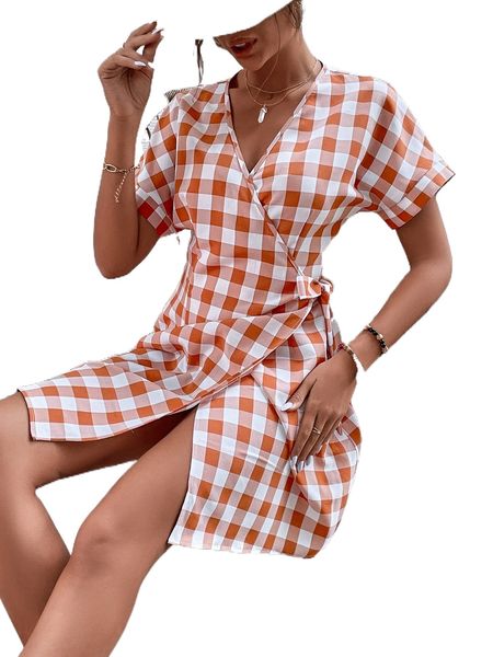 

wrap tie side buffalo plaid dress 95kz#, Black;gray