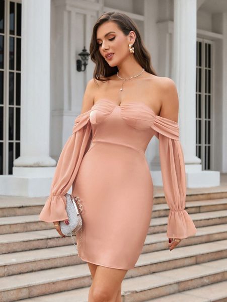 

double crazy off shoulder flounce sleeve split back bustier bodycon dress q9gp#, Black;gray