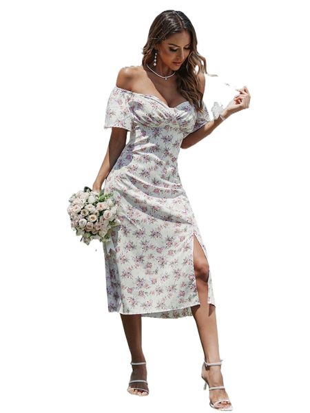 

floral print ruched split thigh dress o81h#, Black;gray