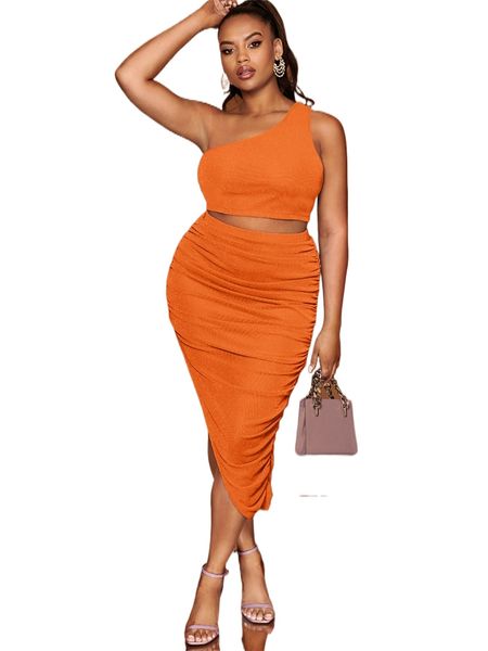 

bae plus one shoulder & ruched asymmetrical hem skirt n4mi#, Black
