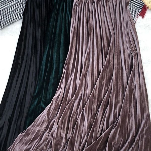 

90cm autumn winter women golden velvet long skirt korean ladies elastic casual high waist skirts pleated bottoms b07004r 220401, Black