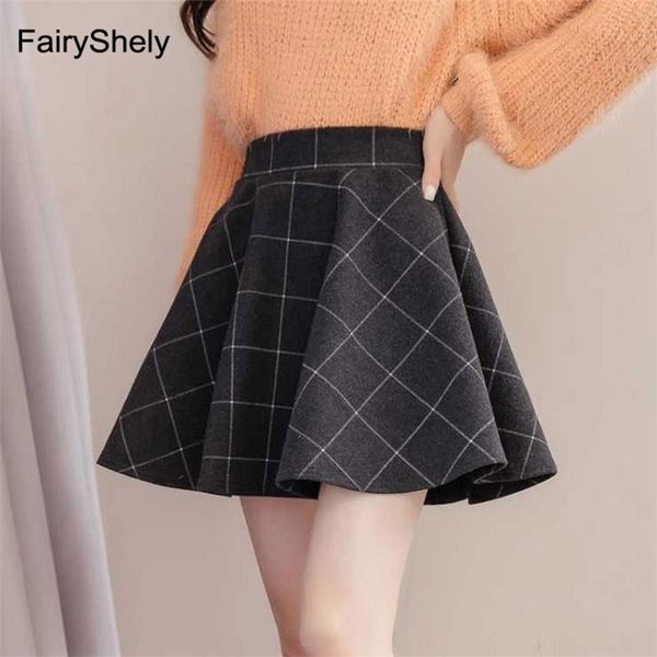 

fairyshely summer high waist plaid skirt women vintage short tweed pleated skirt ladies korean ruffle wool mini skirt retro 210315, Black