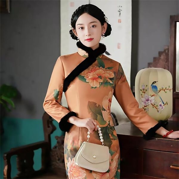 

casual dresses chinese peony printed suede cheongsam winter plush warm rabbit hair stand collar dress 211018 x6f2, Black;gray