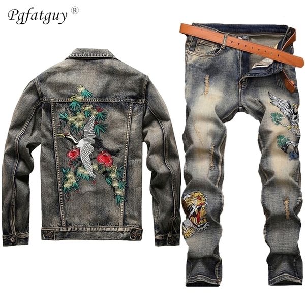 Homem conjuntos vintage bordados com guindastes coroados de guindaste de guindaste de guindaste angustiados Jackets bordados Jeans Tiger Mens Clothing 2 peças Conjunto de 2 peças 201109