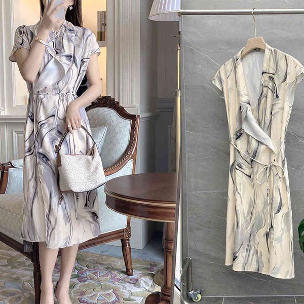 

casual dresses p750850dlm high density satin light triacetic acid lapel print micro waist dress women's yuan, Black;gray