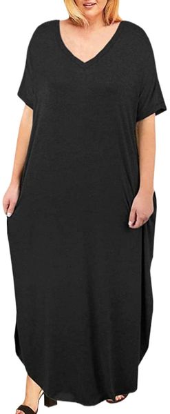 

p.lus s.ize .axi d.resses v. n.eck casual s.ummer s.hort s.leeve split plain l.ong d.ress w.ith p.ockets r9im#, Black;gray