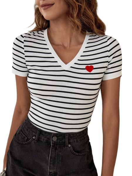 

striped heart patch detail tee w6b9#, White