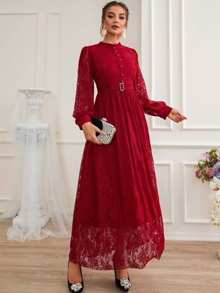 

mock neck button detail rhinestone lace dress l0mc#, Black;gray