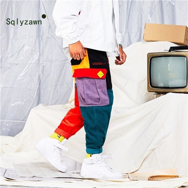

corduroy color block patchwork streetwear cargo pants men and women fall harajuku plaid loose harem jogger sweatpant trousers 220325, Black