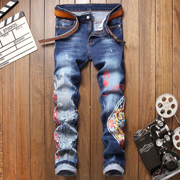 

men's jeans small straight tube printing and dyeing cat beard white men slim micro elastic jeans trend pants 036, Blue