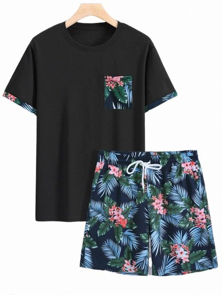 

men tropical print pocket patched tee with drawstring waist shorts y6cc#, Gray