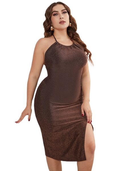 

plus split hem backless halter neck glitter dress m9ni#, Black