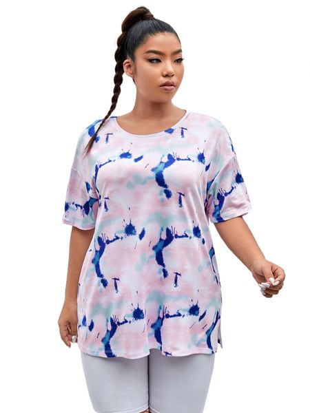 

plus tie dye drop shoulder sports tee o4so#, Black