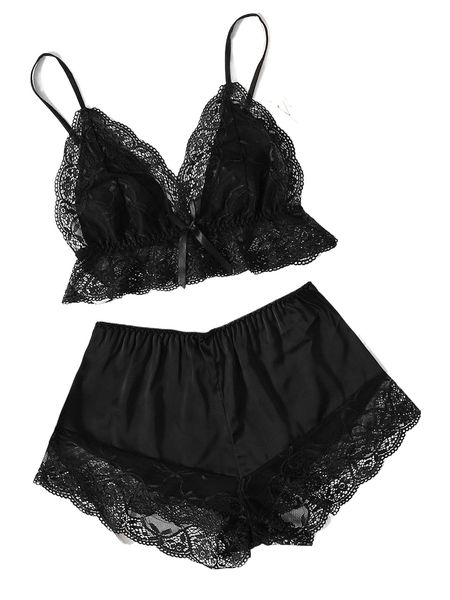 

contrast lace trim cami with shorts pj set 18oq#, Black;red