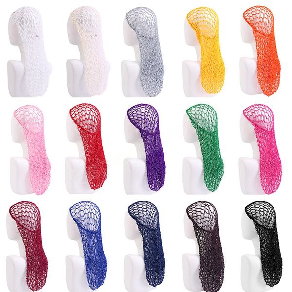 

women crochet hair snood cap with elastic edge long hair net head cover night hat mesh pocket wrap dreadlock headwear, Blue;gray