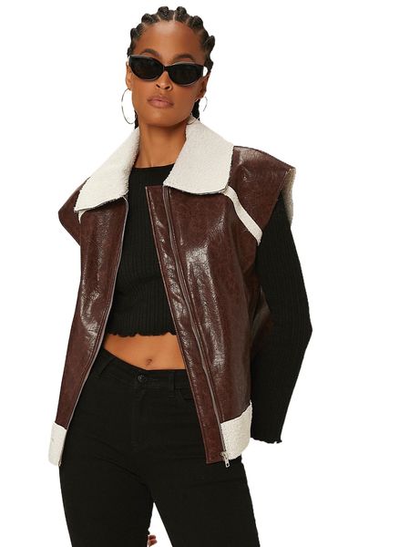 

newness borg collar sleeveless pu leather coat x9bf#, Black