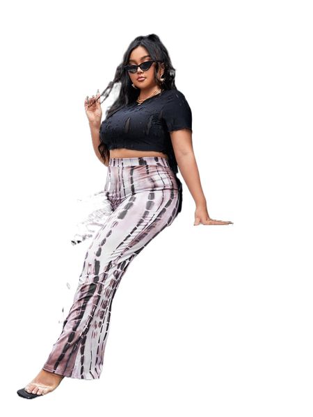

plus tie dye flare leg pants l2vp#, Black