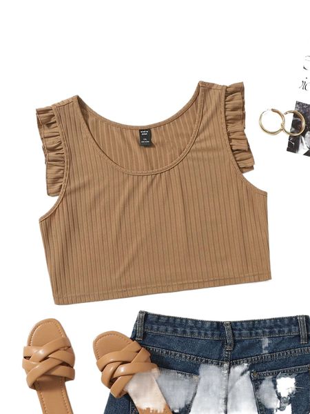 

plus frill trim ribbed knit tank d8ao#, Black