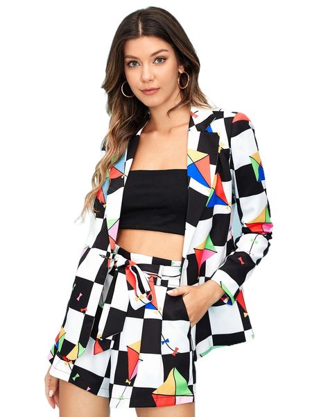 

x shaquita garcia kite & checkered print blazer & belted shorts u8rp#, White