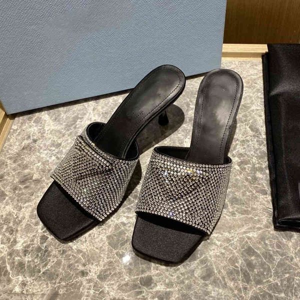 

sandals spring and summer triangular buckle silk high-heeled sandals women's thin heels are covered with diamond flip flops 47mk, Black