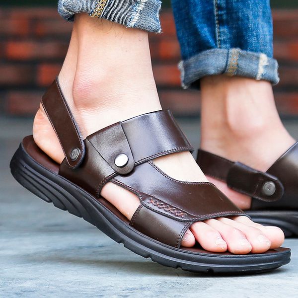 

qgk men casual genuine leather breathable beach sandals for male outdoor soft comfortable summer shoes fashion slippers, Black