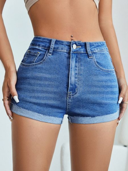 

high waist roll hem denim shorts 65zm#, White;black