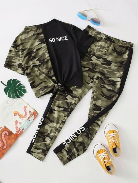

girls letter graphic knot hem camo panel & leggings set she, White