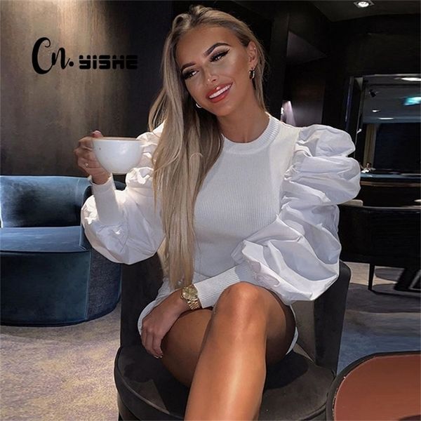 

cnyishe fashion long puff sleeve t-shirt women elegant office lady regular patchwork slim streetwear shirt 220401, White