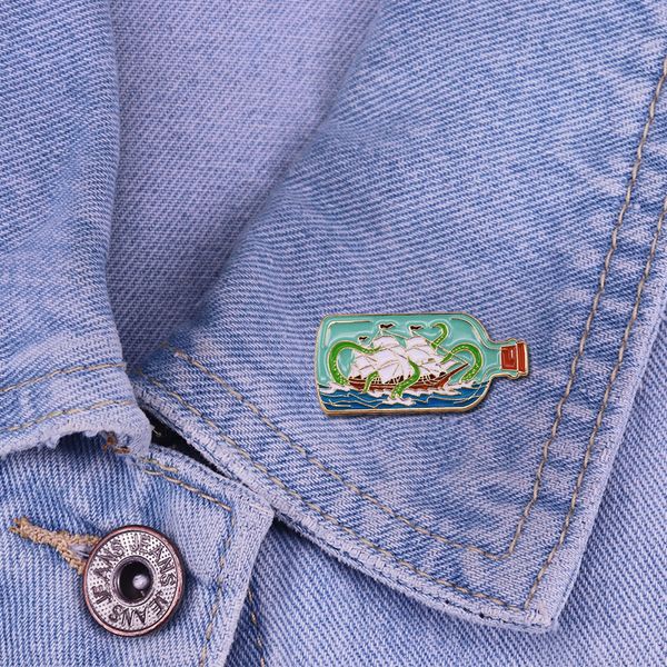 

flat bottle pirate sailing ship and kraken ocs enamel pin brooch, Blue