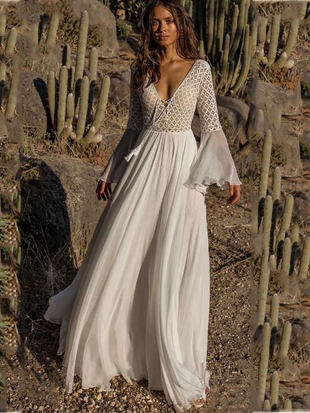 Lässige Kleider Fithohinling Rückenless Spitze Langes Kleid Herbst 2022 V Hals Sexy Bohemian Maxi für Frauen Flare Ärmel weiße Pareos salecasual cas